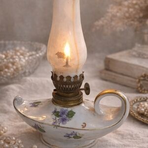 Antique Floral Oil Lamp with Gold Trim